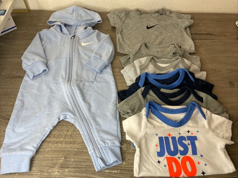 7 Pc Nike Baby Boy Clothes Lot 0-3 Months Just Do It Romper Bodysuits Grey Blue